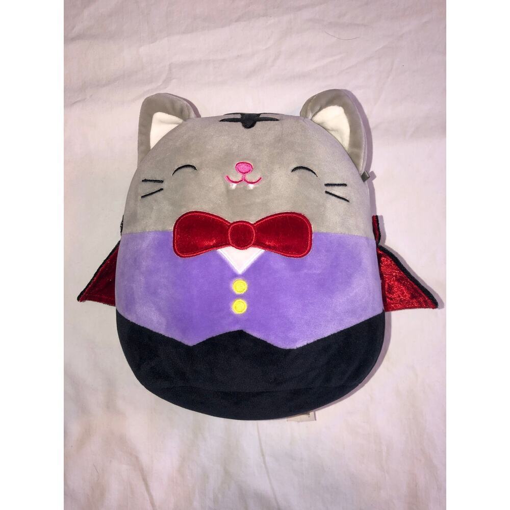 Vampire Cat Sqishmallow Dracula Kitty Plush Purple Vest Red Bow Tie Stuffed